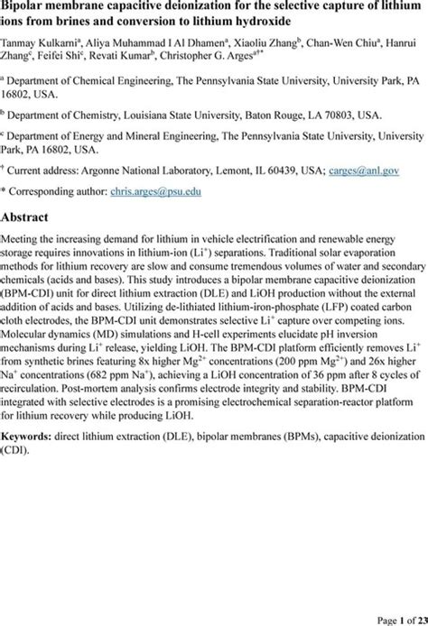 Bipolar Membrane Capacitive Deionization For The Selective Capture Of