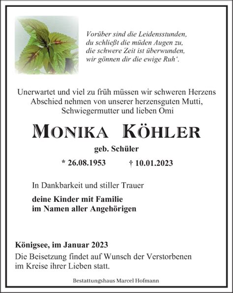 Traueranzeigen Von Monika K Hler Trauer In Thueringen De