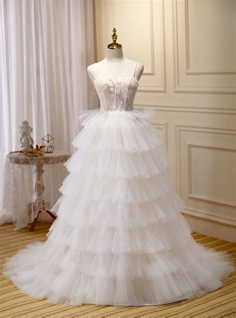 White Tulle Straps 3D Flower Wedding Dress