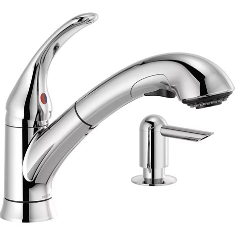 Delta Foundations Single Handle Pull Out Kitchen Faucet With Soap Dispenser In Chrome The Home