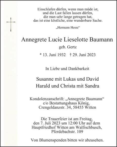 Traueranzeigen Von Annegrete Lucie Lieselotte Baumann Trauer In Nrw De