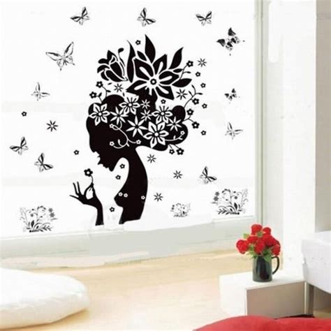 Mooie Muursticker Vrouw Gezicht Silhouet Vlinders En Bloemen Design