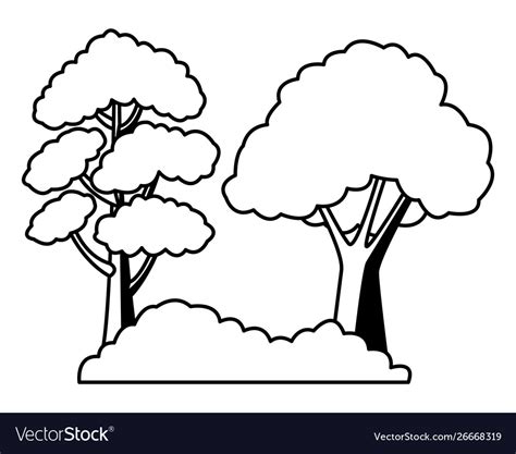 Trees On Bushes Nature Cartoon In Black And White Vector Image