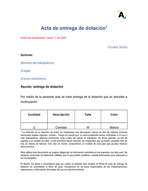 5 Acta de entrega de dotación Acta de entrega de dotación 1 Fecha de