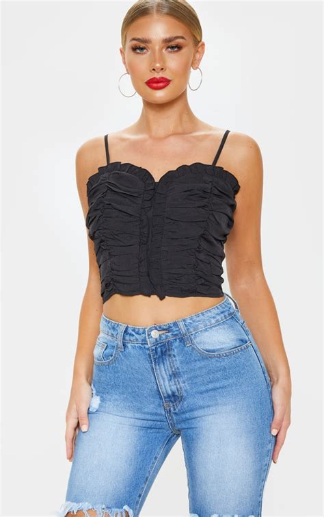 Black Ruched Front Cami Crop Top Tops Prettylittlething