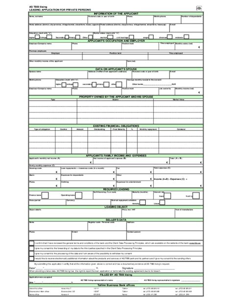 Fillable Online AS TBB Liising LEASING APPLICATION FOR Fax Email