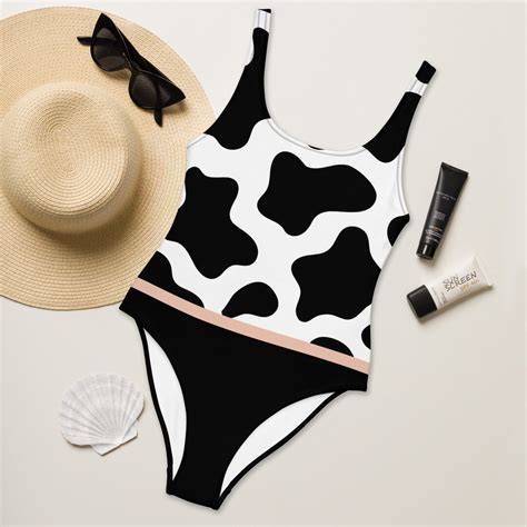 Cow Print Swimsuit Black One Piece Swimsuit With Cow Pattern Details