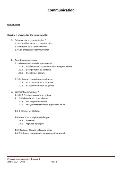 L1 cours de communication 2022 séance 1 Communication Plan du cours