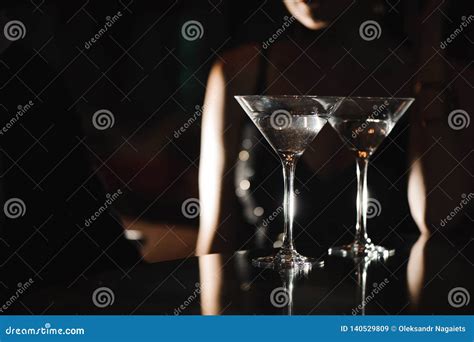 Two Glasses Of Martini Coctail In A Bar Stock Image Image Of Light