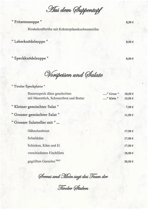 Speisekarte von Tiroler Stuben restaurant Hörnum Sylt