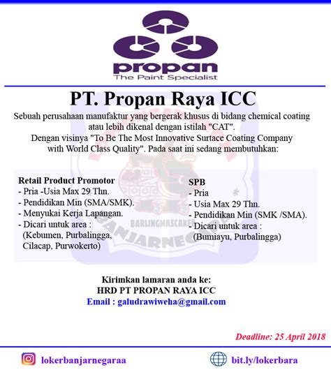 Lowongan Kerja Propan Raya ICC LOKER BARLINGMASCAKEB