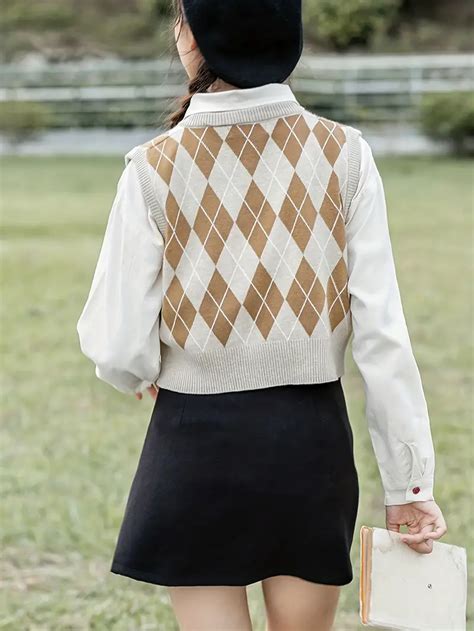 Stylish Argyle Plaid Sweater Vest V Neck Sweater Vest Fall Temu