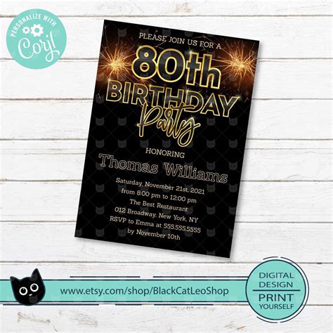 Eightieth Birthday Editable Invitation Th Birthday Party Etsy