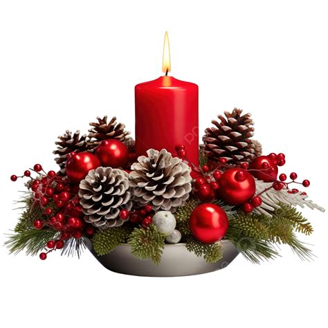 Christmas Table Centerpiece With Red Candle And Silver Pine Cones