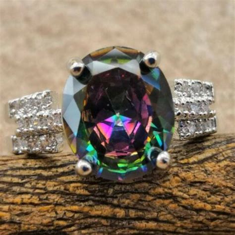 925 Sterling Silver Rainbow Mystical Fire Topaz Wedding Engagement Ring