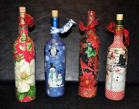 Recycled Wine Bottles Covered With Dinner Napkins Magnolias Blue