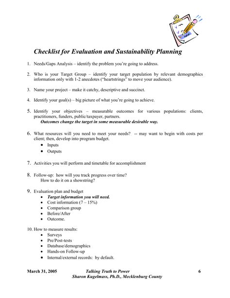 Checklist For Evaluation And Sustainability Planning