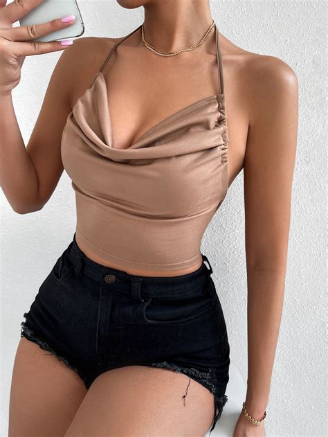 Shein Sxy Top Halter De Cuello Con Fruncido De Espalda Abierta Con Cordón