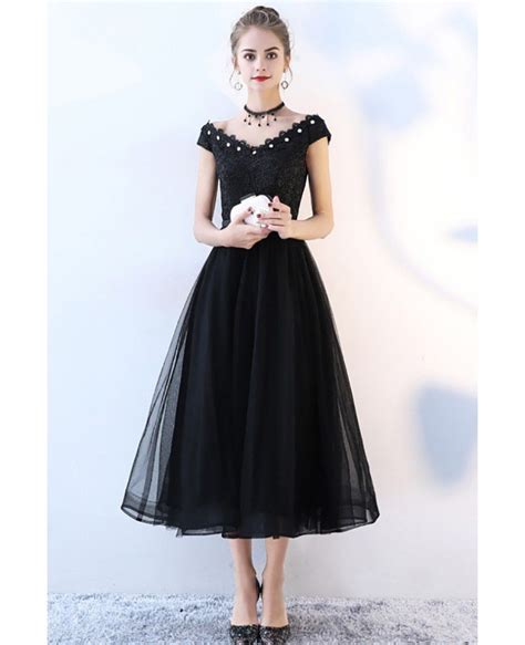 Beaded V Neck Black Tulle Party Dress Tea Length Bls86044