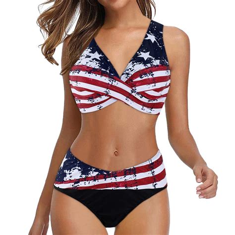 Swimwear Women Padded Push Up Bra Bikini Set American Flag Print Sexy