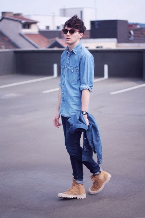 Denim On Denim Mens Outfits Boots Outfit Men Mens Street Style