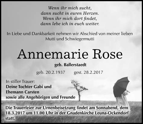 Traueranzeigen Von Annemarie Rose Abschied Nehmen De