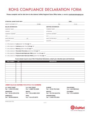 Fillable Online Rohs Compliance Declaration Form Uninet Fax Email