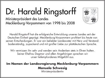 Traueranzeigen Von Harald Ringstorff Trauer Nordkurier