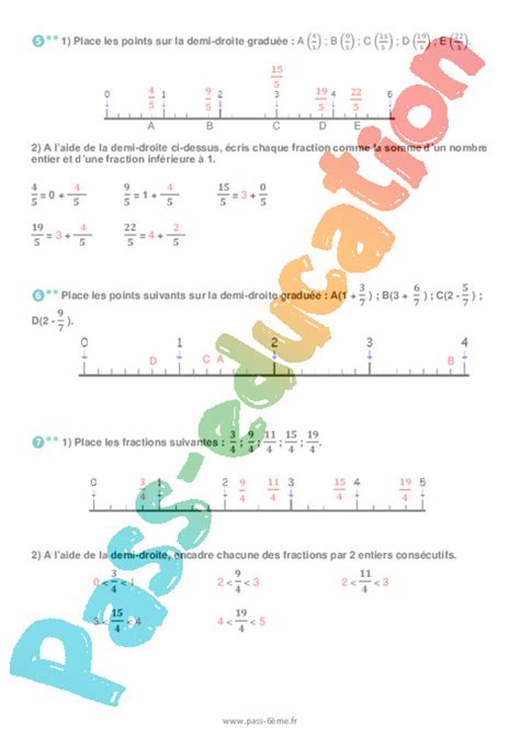 Repérer une fraction sur une droite graduée Exercices de 6ème PDF à