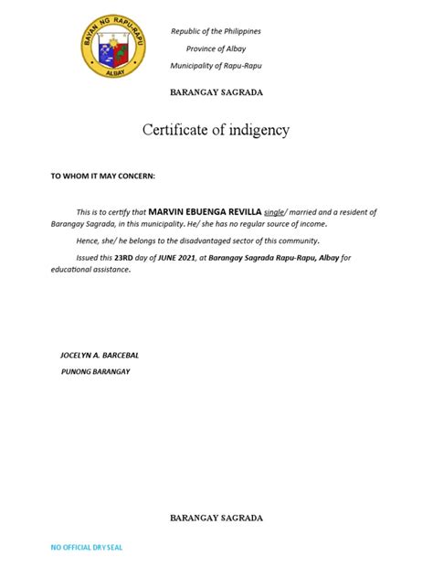 Certificate Of Indigency Barangay Sagrada Pdf Philippines