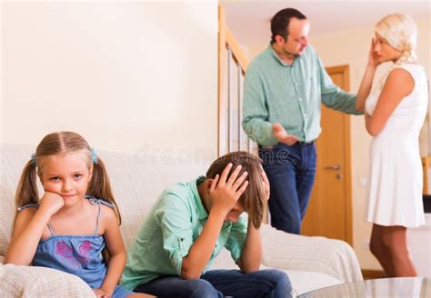 Unhappy Siblings And Quarrel Parents Stock Image Image Of Indoors