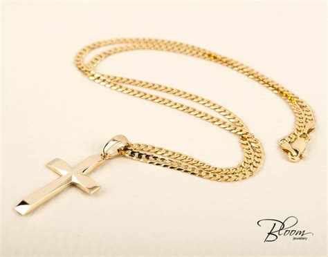 Mens Cross Necklace K Solid Gold Cross And Curb Chain Cross Etsy Canada