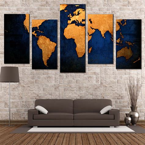 World Map Canvas Wall Art, Blue Background World Map 5 Piece Multi Can ...