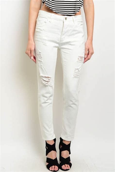 Distressed Slim Fit Capri Jeans White Katana Couture