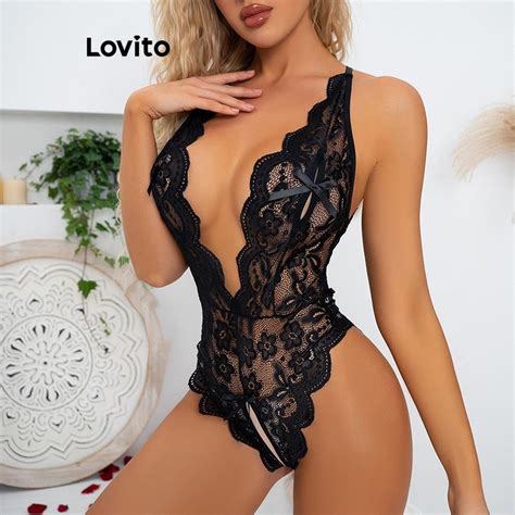 Lovito Lingerie Sexy Casual De Renda Lisa Para Mulheres Lnl