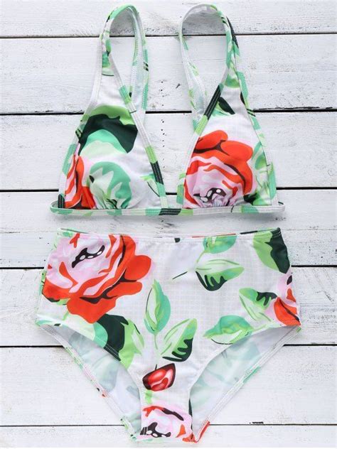 21 OFF 2021 Flower Print Straps High Waisted Bikini Set In WHITE ZAFUL