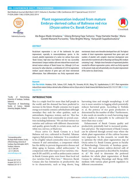 PDF Plant Regeneration Induced From Mature Embryo Derived Callus Of