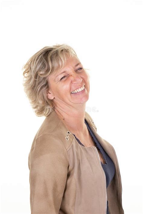 Pretty Smiling Blonde Mature Woman Middle Aged On White Background