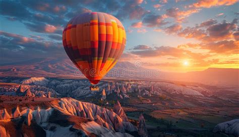 Hot Air Balloon Flying Over Mountain Generative By AI Stock Illustration Illustration Of