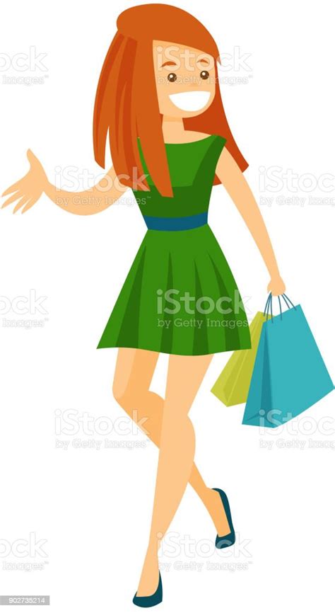 Young Caucasian White Woman Carrying Shopping Bags Stock Illustration Download Image Now