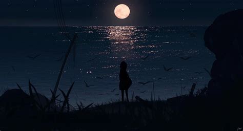 Wallpaper Anime Girls Sea Moon Silhouette Grass 2950x1600