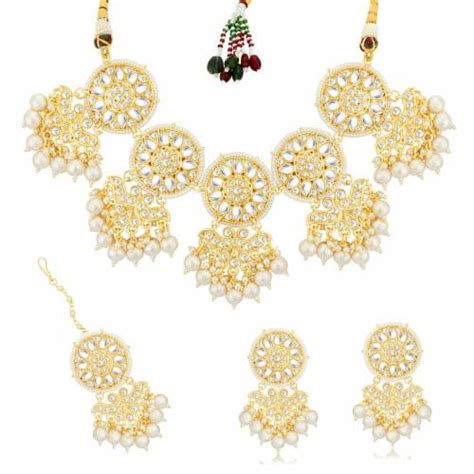 Sukkhi Marquise Kundan Gold Plated Pearl Choker Necklace Set For Women