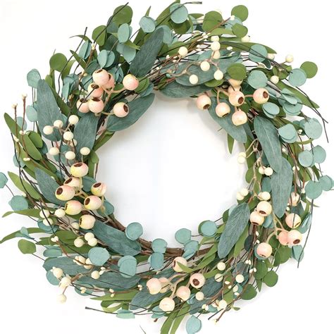 20inch Outdoor Artificial Eucalyptus Wreath With Green Leaves White