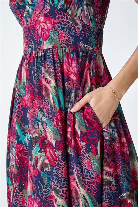 Wine Floral Print Shirred Midi Dress Roman Uk