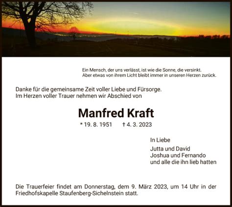 Traueranzeigen Von Manfred Kraft Trauer Hna De