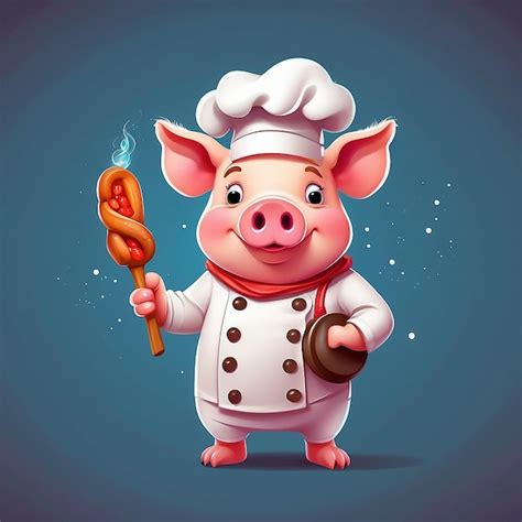 Cute Chef Pig Holding Sausage Cartoon Illustration Premium AI