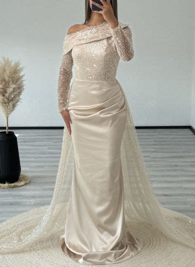 Sheath V Neck Long Sleeves Sweep Train Silk Like Satin Evening Dresses