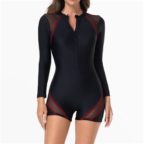 Xfvqtps Womens Long Sleeve Rash Guard Bathing Suit Zip up Mesh