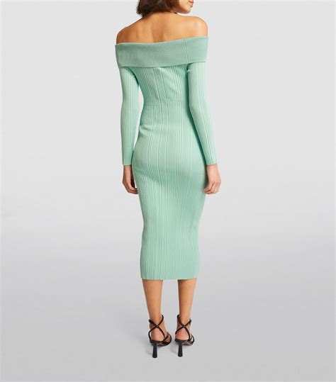 Womens Self Portrait Green Rib Knit Off The Shoulder Midi Dress