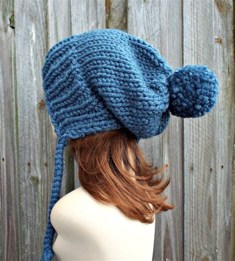 Denim Blue Slouchy Hat Knit Ear Flap Beanie With Pom Pom